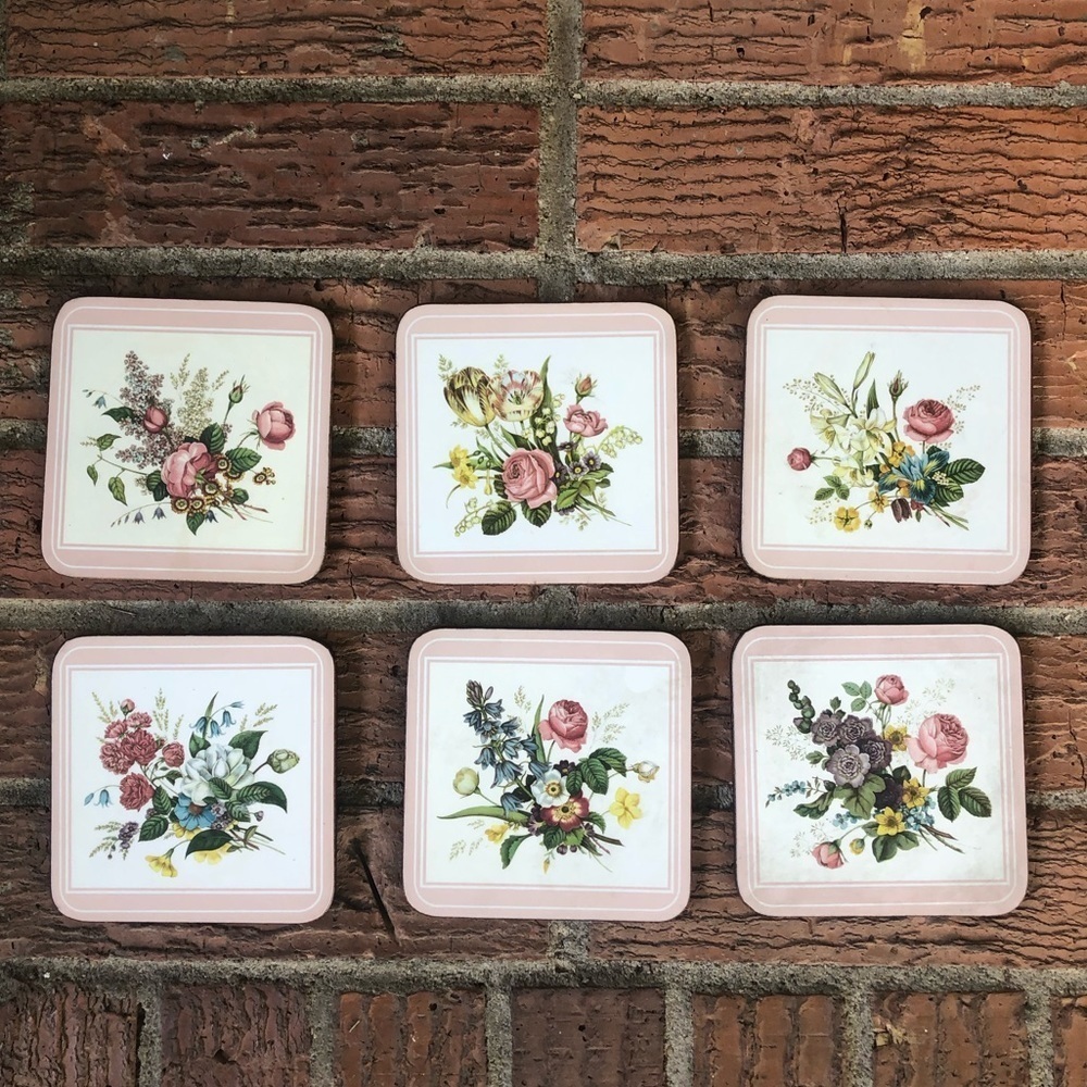 Set of 6 Vintage Pimpernel Floral Spray Garden 4x4 Cork Back Coasters